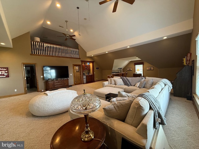 12534 Fawn Dr, Laurel, DE 19956 - living area with carpet flooring, ceiling fan, high vaulted ceiling, and recessed lighting