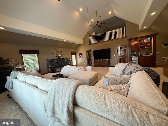 12534 Fawn Dr, Laurel, DE 19956 - living room with light carpet, a ceiling fan, wet bar, recessed lighting, and high vaulted ceiling