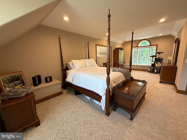12534 Fawn Dr, Laurel, DE 19956 - bedroom featuring light carpet, vaulted ceiling, and recessed lighting