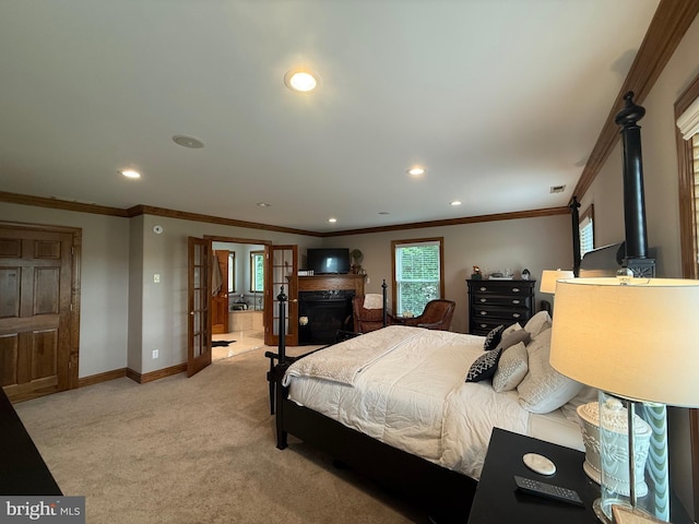 12534 Fawn Dr, Laurel, DE 19956 - bedroom featuring light carpet, ornamental molding, recessed lighting, a wood stove, and french doors