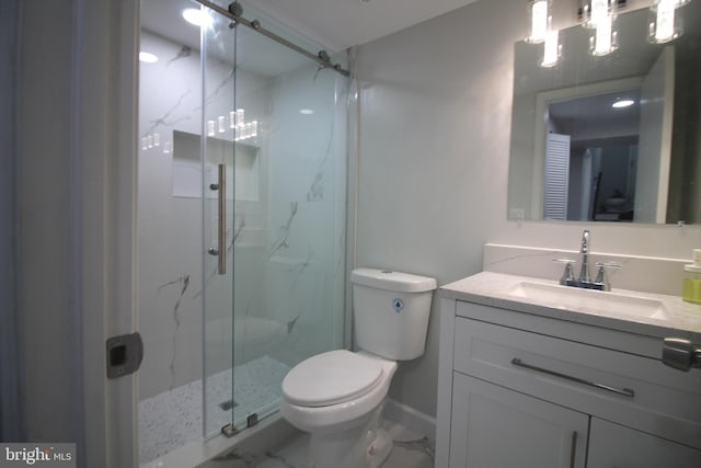 4713 Akron St, Temple Hills, MD 20748 - bathroom featuring a marble finish shower, toilet, vanity, and marble look tile flooring