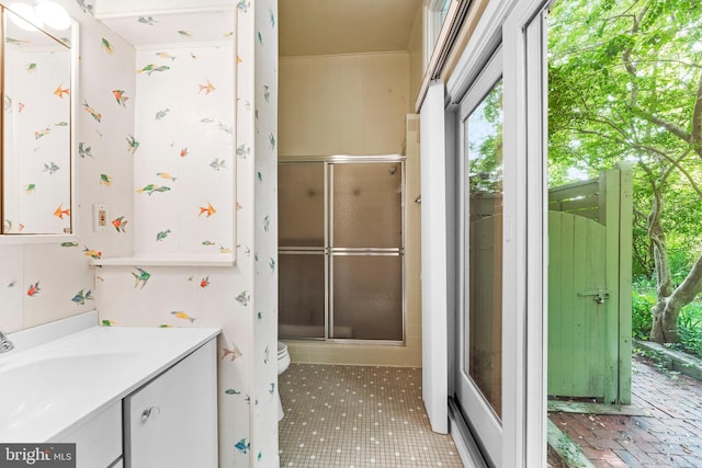 bathroom featuring a shower stall, plenty of natural light, and vanity