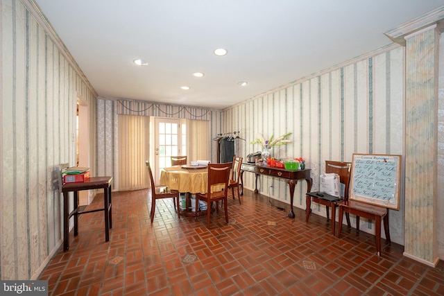 1200 Gainsboro Rd, Bala Cynwyd, PA 19004 - dining room with brick floors, recessed lighting, and wallpapered walls