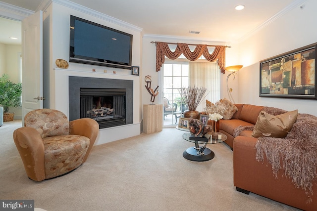 1322 Meridian Blvd Unit 1322, Warrington, PA 18976 - living area with carpet floors, crown molding, a fireplace, and recessed lighting