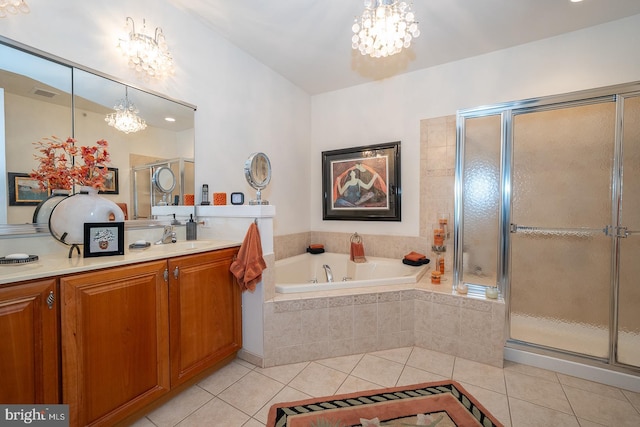 1322 Meridian Blvd Unit 1322, Warrington, PA 18976 - bathroom with a chandelier, tile patterned floors, vanity, a garden tub, and a shower stall