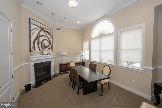 1322 Meridian Blvd Unit 1322, Warrington, PA 18976 - dining room with a glass covered fireplace, carpet flooring, plenty of natural light, ornamental molding, and baseboards
