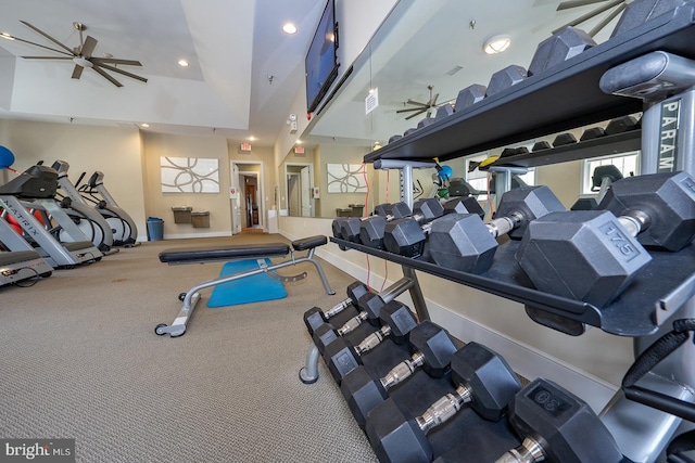1322 Meridian Blvd Unit 1322, Warrington, PA 18976 - workout area with carpet flooring, a ceiling fan, recessed lighting, baseboards, and a high ceiling