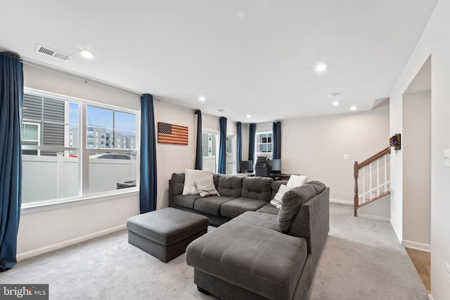 18216 Summit Pointe Dr, Triangle, VA 22172 - living area with baseboards, carpet, stairway, recessed lighting, and an office area