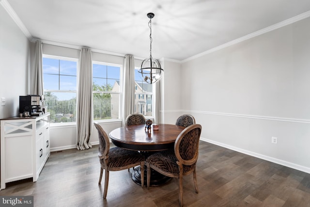 18216 Summit Pointe Dr, Triangle, VA 22172 - dining space featuring a chandelier, dark wood-style floors, ornamental molding, and baseboards