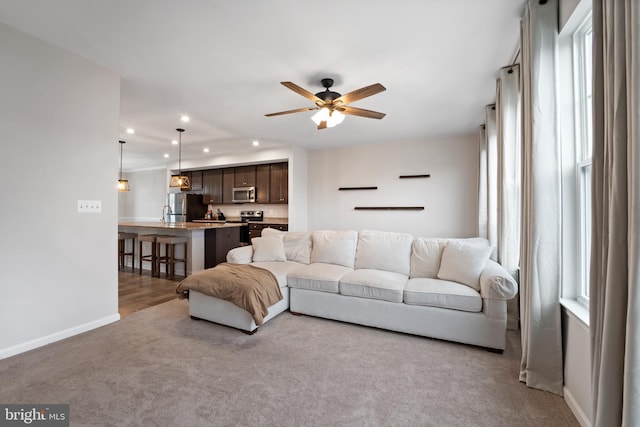 18216 Summit Pointe Dr, Triangle, VA 22172 - living room with carpet flooring, recessed lighting, a ceiling fan, and baseboards