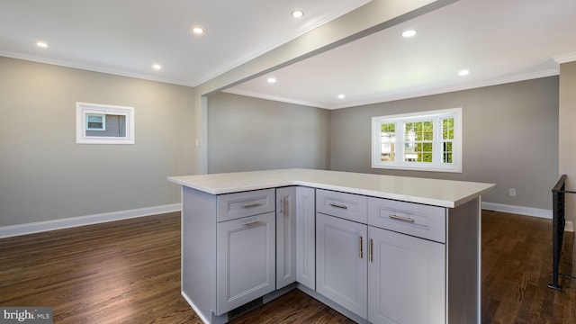 949 Marshall Dr, Warminster, PA 18974 - kitchen featuring gray cabinetry, light countertops, dark wood-style flooring, baseboards, and recessed lighting