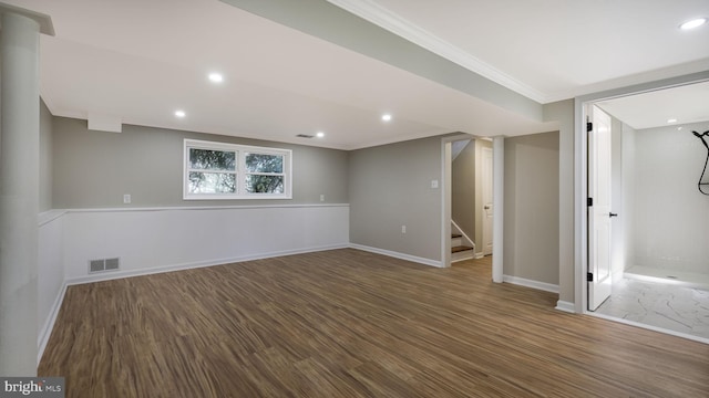 949 Marshall Dr, Warminster, PA 18974 - below grade area with wood finished floors, stairs, baseboards, ornamental molding, and recessed lighting