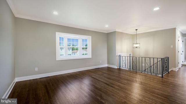949 Marshall Dr, Warminster, PA 18974 - spare room featuring crown molding, a chandelier, baseboards, dark wood-type flooring, and recessed lighting