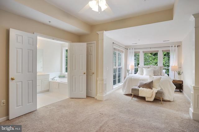 13943 Lullaby Rd, Germantown, MD 20874 - bedroom with carpet floors, ensuite bath, access to exterior, baseboards, and a ceiling fan