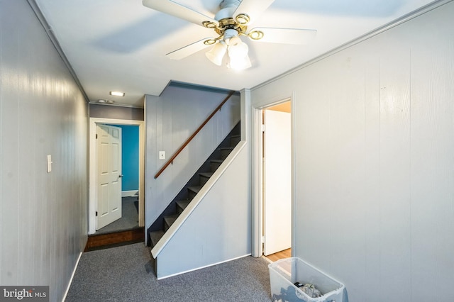 stairway featuring a ceiling fan, crown molding, carpet flooring, and baseboards