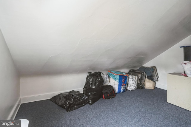 additional living space with carpet floors, vaulted ceiling, and baseboards