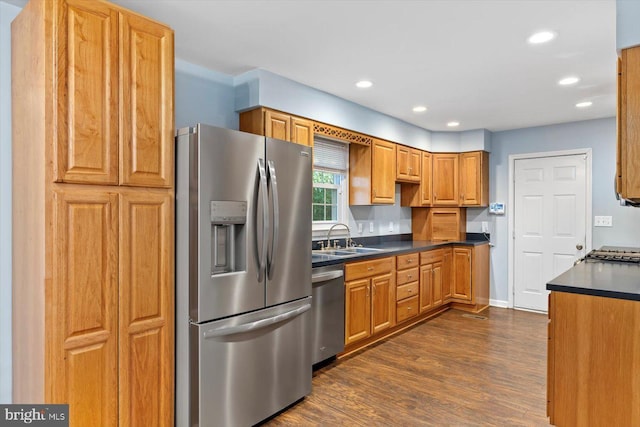 23115 Mt Cloud Rd, Bowling Green, VA 22427 - kitchen featuring appliances with stainless steel finishes, a sink, dark countertops, dark wood-type flooring, and recessed lighting