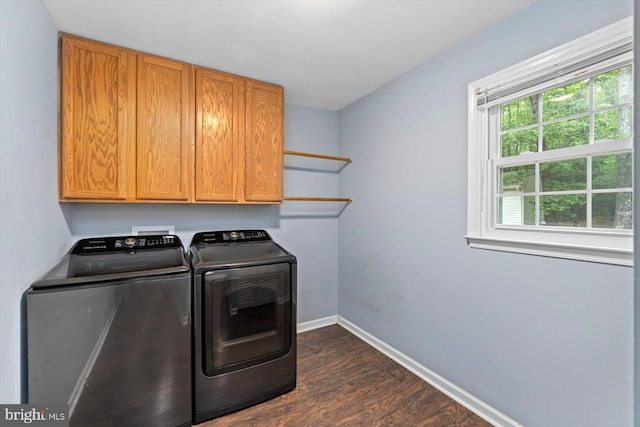 23115 Mt Cloud Rd, Bowling Green, VA 22427 - washroom with cabinet space, washer and dryer, dark wood-style floors, and baseboards