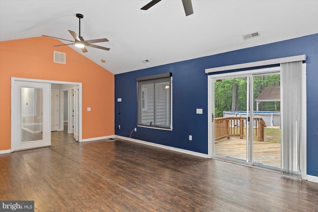 23115 Mt Cloud Rd, Bowling Green, VA 22427 - unfurnished living room featuring a ceiling fan, wood finished floors, vaulted ceiling, and baseboards