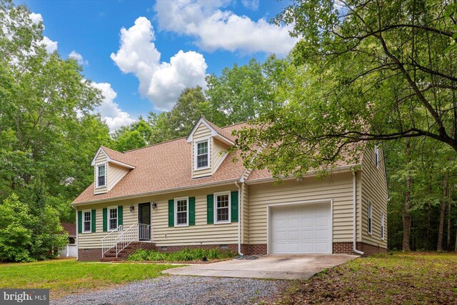 23115 Mt Cloud Rd, Bowling Green, VA 22427 - cape cod-style house with crawl space, gravel driveway, an attached garage, and roof with shingles