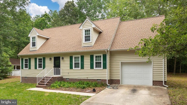 23115 Mt Cloud Rd, Bowling Green, VA 22427 - cape cod-style house featuring crawl space, an attached garage, driveway, a front lawn, and roof with shingles