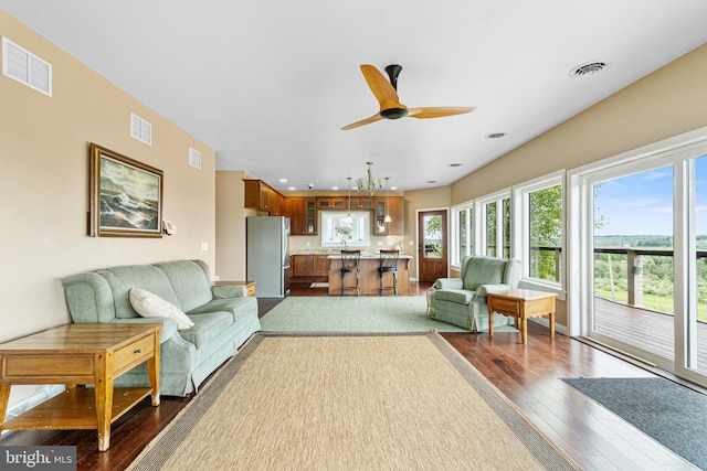 9207 Douglas Rd, Olanta, PA 16863 - living room featuring dark wood-style floors, a ceiling fan, and recessed lighting