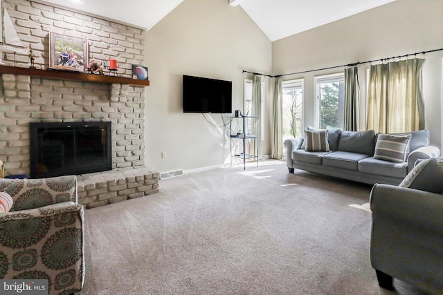 200 Sunset Cir, Cross Junction, VA 22625 - carpeted living area with baseboards, a fireplace, high vaulted ceiling, and beamed ceiling