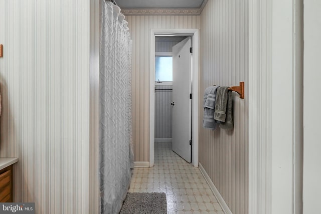 200 Sunset Cir, Cross Junction, VA 22625 - bathroom featuring wallpapered walls, baseboards, tile patterned floors, and vanity
