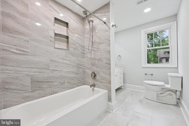 full bath with baseboards, toilet, shower / bath combination, marble finish flooring, and recessed lighting