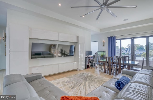 104 W Buckingham Dr, Rehoboth Beach, DE 19971 - living room featuring a ceiling fan, light wood-style floors, recessed lighting, and french doors