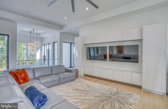 104 W Buckingham Dr, Rehoboth Beach, DE 19971 - living room featuring a ceiling fan, light wood-style floors, and recessed lighting