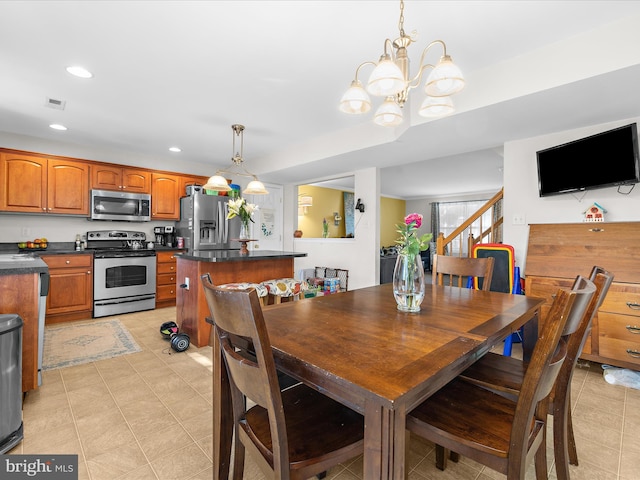 7737 Overhill Rd, Glen Burnie, MD 21060 - dining space with recessed lighting, a chandelier, light tile patterned flooring, and stairway