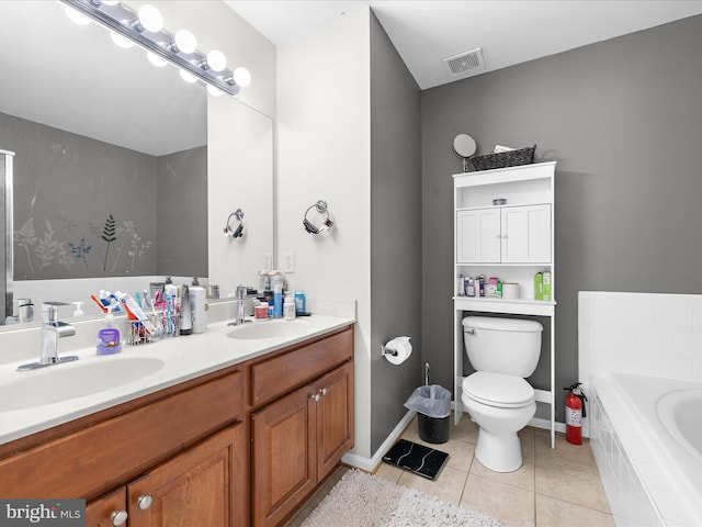 7737 Overhill Rd, Glen Burnie, MD 21060 - bathroom with tile patterned floors, toilet, tiled tub, and double vanity