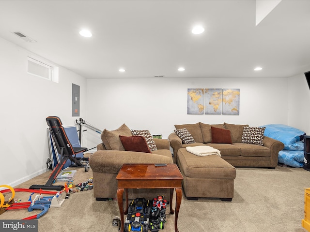 7737 Overhill Rd, Glen Burnie, MD 21060 - living area with electric panel, recessed lighting, carpet floors, and baseboards