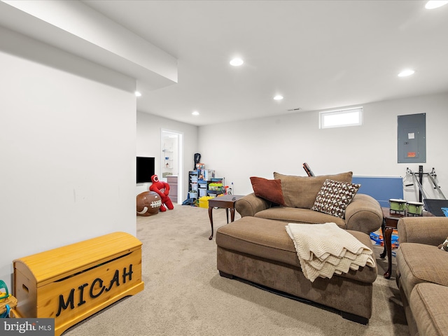7737 Overhill Rd, Glen Burnie, MD 21060 - carpeted living room featuring electric panel and recessed lighting