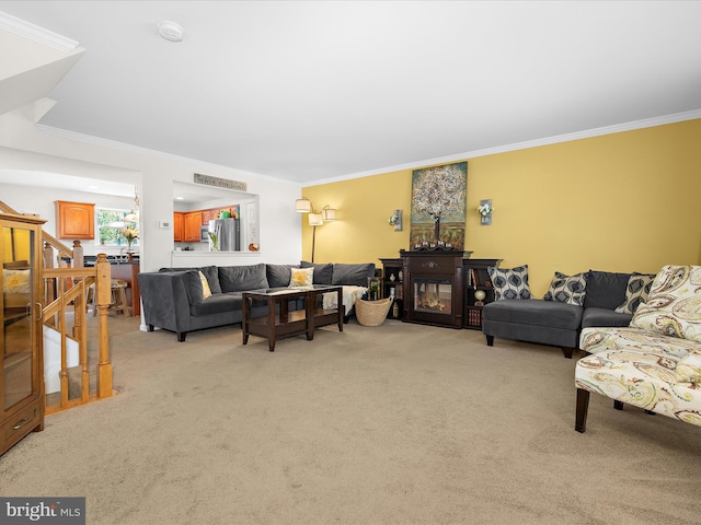 7737 Overhill Rd, Glen Burnie, MD 21060 - living area with light carpet, crown molding, and stairway