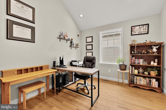 4521 Clay St NE, Washington, DC 20019 - home office featuring lofted ceiling, light wood finished floors, baseboards, and recessed lighting