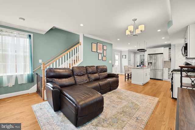 4521 Clay St NE, Washington, DC 20019 - living area with crown molding, a chandelier, recessed lighting, baseboards, and light wood-style flooring