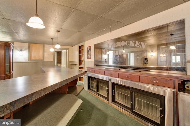 166 Tulpehocken St, Bernville, PA 19506 - bar area featuring built in shelves, hanging light fixtures, dark carpet, a paneled ceiling, and a wainscoted wall