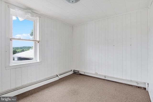 166 Tulpehocken St, Bernville, PA 19506 - empty room featuring carpet flooring, a baseboard heating unit, and wood walls