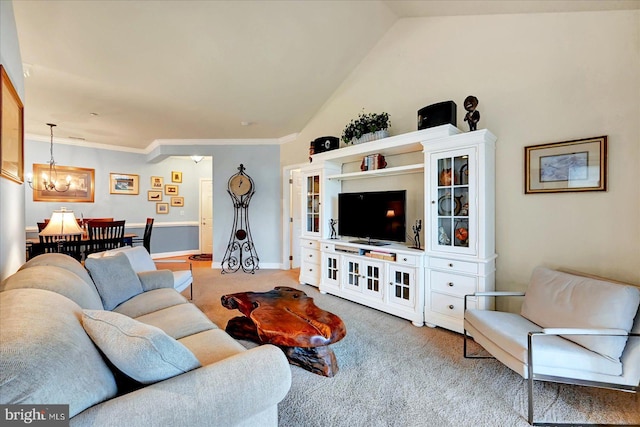 1050 Crest Way Unit 403, York, PA 17403 - living area featuring a chandelier, carpet flooring, ornamental molding, and lofted ceiling