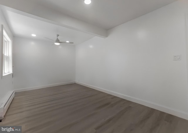 spare room with ceiling fan, baseboard heating, light wood-type flooring, recessed lighting, and baseboards