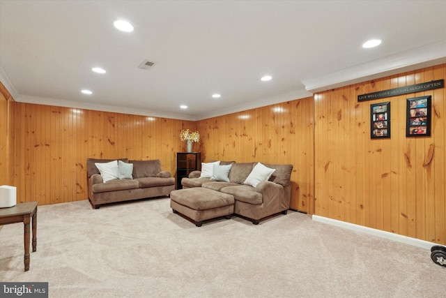 435 N Mount Vernon Cir, Bensalem, PA 19020 - carpeted living area with crown molding, recessed lighting, and wooden walls