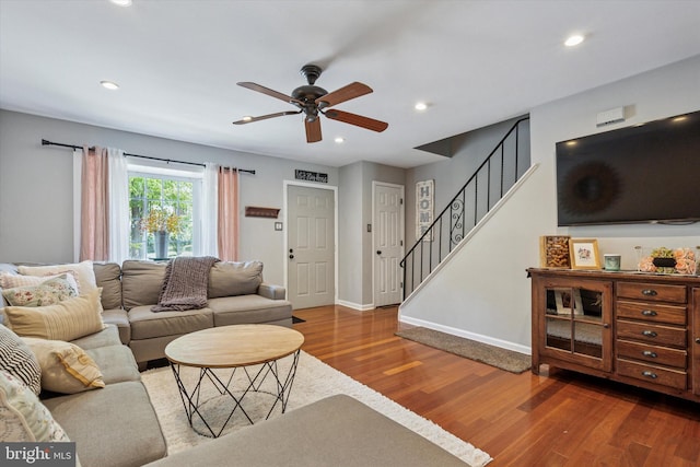 435 N Mount Vernon Cir, Bensalem, PA 19020 - living room with wood finished floors, a ceiling fan, baseboards, stairway, and recessed lighting