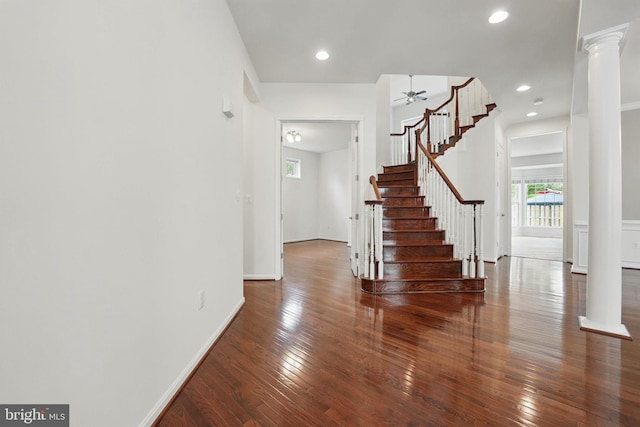8313 Middle Ruddings Dr, Lorton, VA 22079 - foyer entrance featuring ceiling fan, ornate columns, hardwood / wood-style flooring, stairway, and recessed lighting