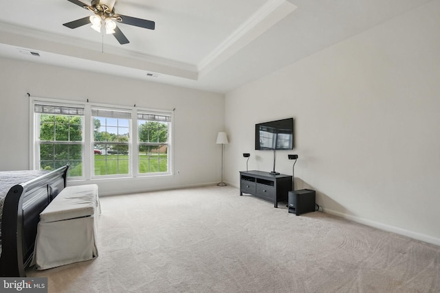 8313 Middle Ruddings Dr, Lorton, VA 22079 - carpeted living area with crown molding, a ceiling fan, baseboards, and a raised ceiling