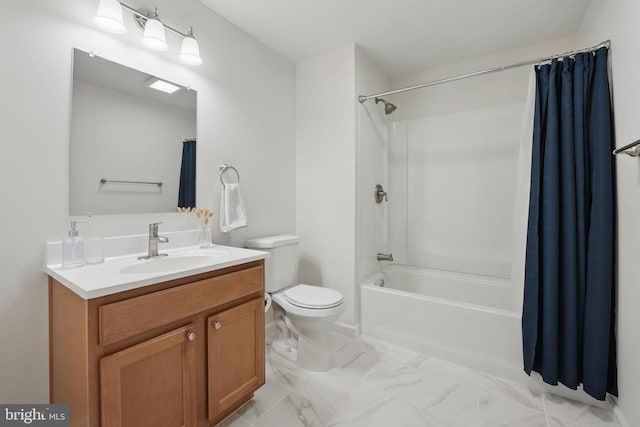 8313 Middle Ruddings Dr, Lorton, VA 22079 - bathroom with toilet, vanity, shower / bath combo with shower curtain, and marble look tiles