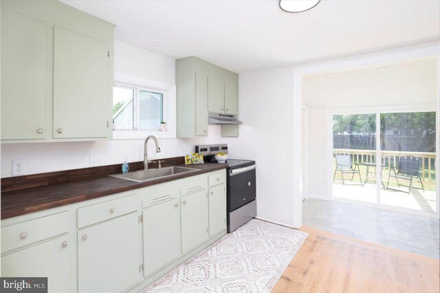 511 Goldsborough Ave, Cambridge, MD 21613 - kitchen with stainless steel range with electric cooktop, a sink, under cabinet range hood, light wood-style floors, and plenty of natural light