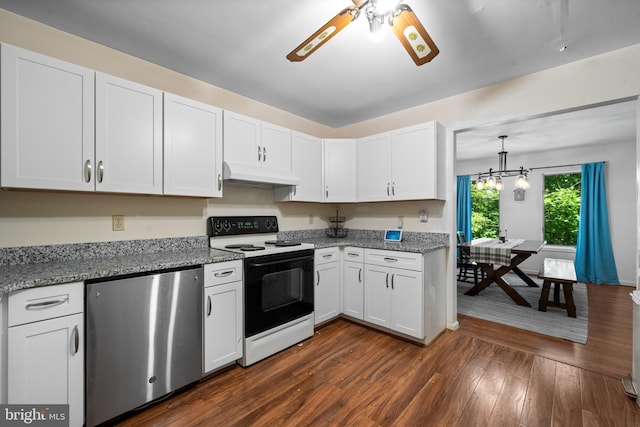 448 Newton Dr, Linden, VA 22642 - kitchen with electric stove, refrigerator, under cabinet range hood, white cabinets, and a chandelier