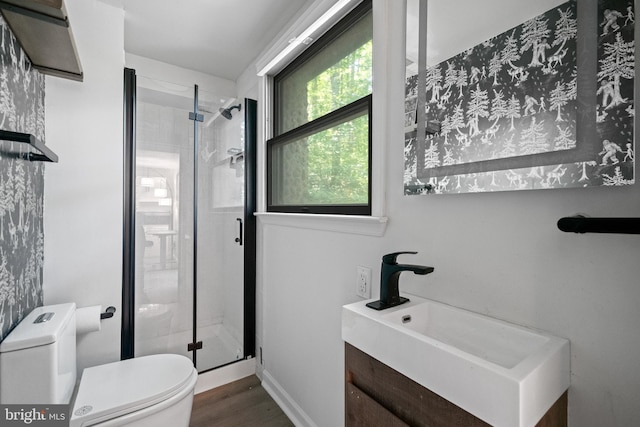 448 Newton Dr, Linden, VA 22642 - bathroom with toilet, a stall shower, vanity, and wood finished floors